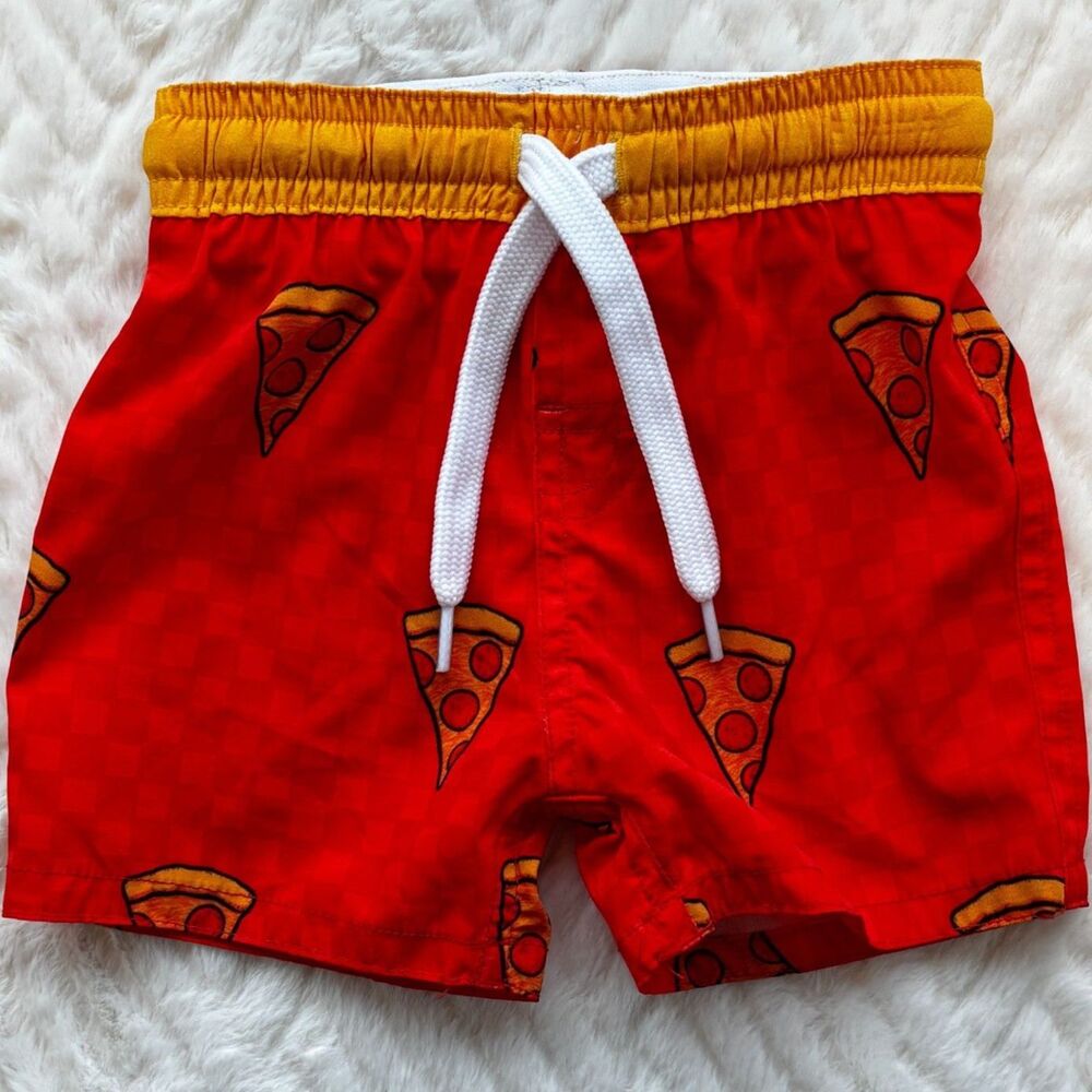 Wes & Willy Baby Boys 12M Pizza Print Swim Trunks Red Yellow Beach Shorts